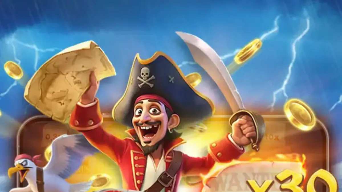 Tampilan antarmuka permainan Pirate Fortune Tap dengan meriam bajak laut dan target harta karun.