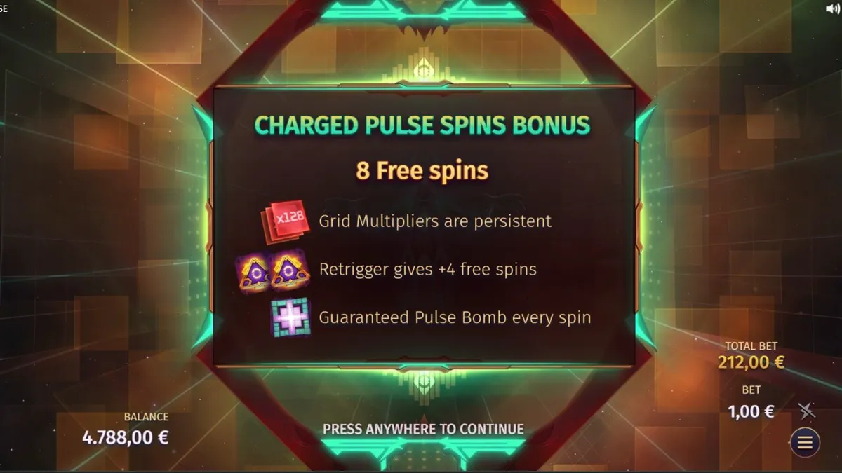Tampilan visual futuristik dari slot Phantom Pulse dengan grid 7x7 yang bercahaya.
