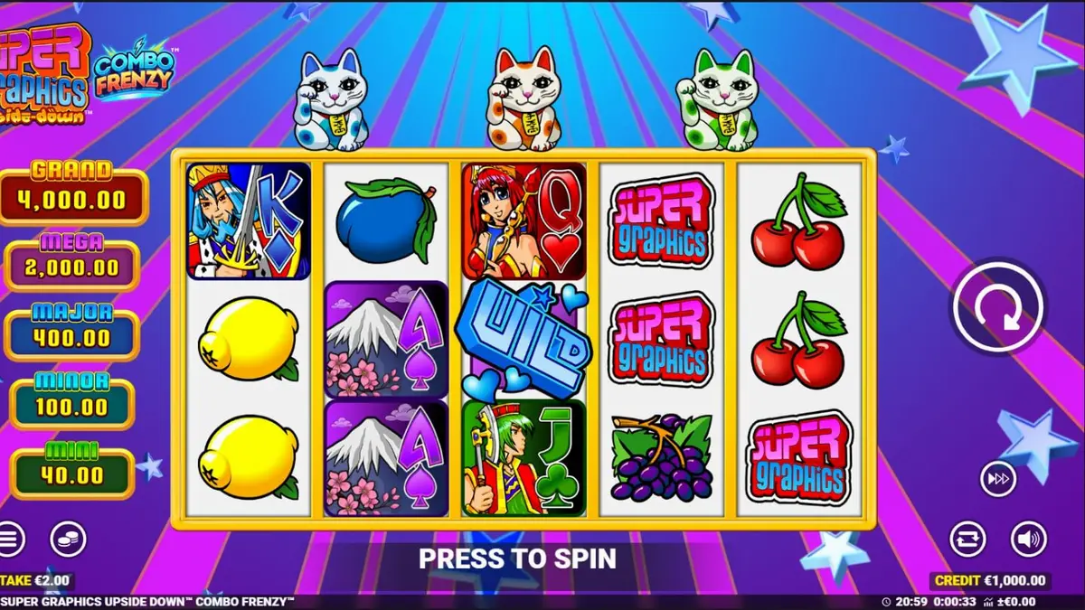 Tampilan visual slot Super Graphics Upside Down dengan karakter Lucky Cats dan gaya anime.