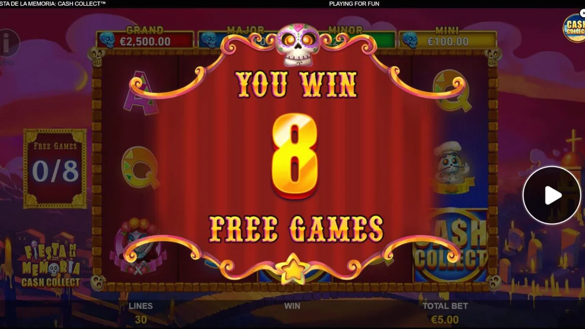 Tampilan visual slot Fiesta de la Memoria Cash Collect dengan tema neon Día de los Muertos
